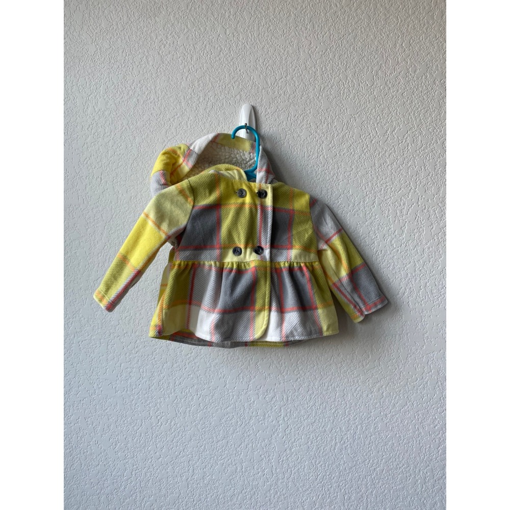 Carter's Baby Girl Plaid Fleece Sherpa Lined Hood Peacoat Jacket 6M Yellow Gray